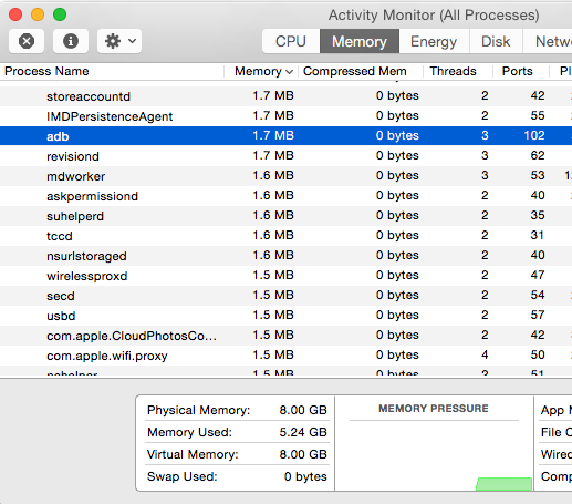 Quit adb process running on mac osx acivity manager